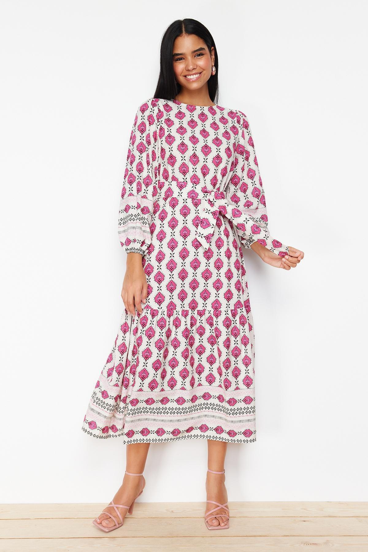 Fuchsia Ethnic Patterned Linen Look Woven Dress TCTSS24EB00062, , large image number 0