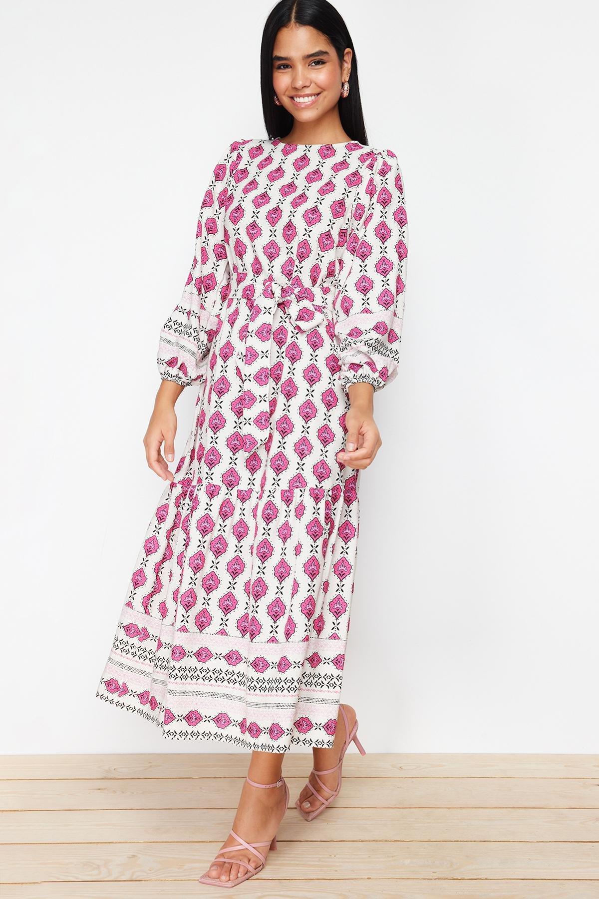 Fuchsia Ethnic Patterned Linen Look Woven Dress TCTSS24EB00062, , large image number 1