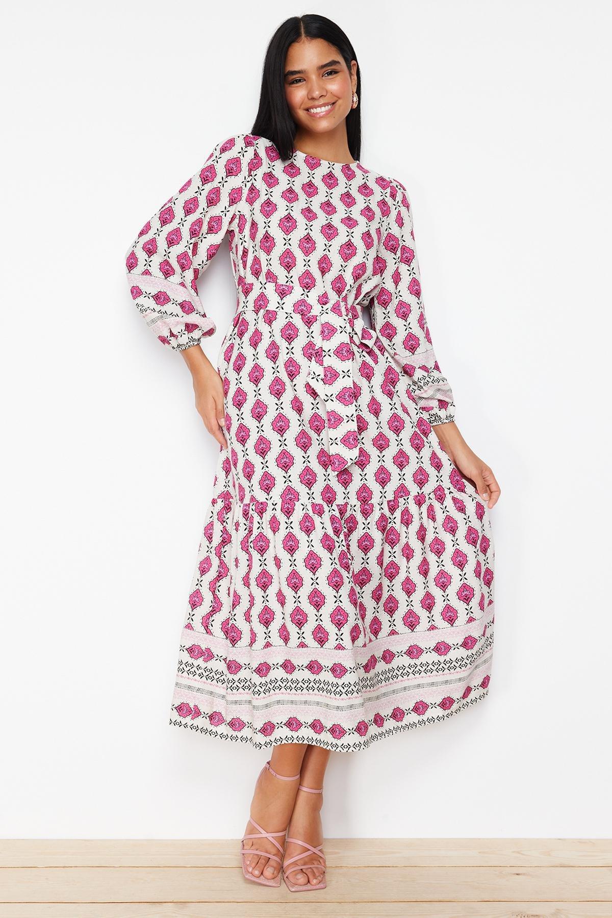 Fuchsia Ethnic Patterned Linen Look Woven Dress TCTSS24EB00062, , large image number 2
