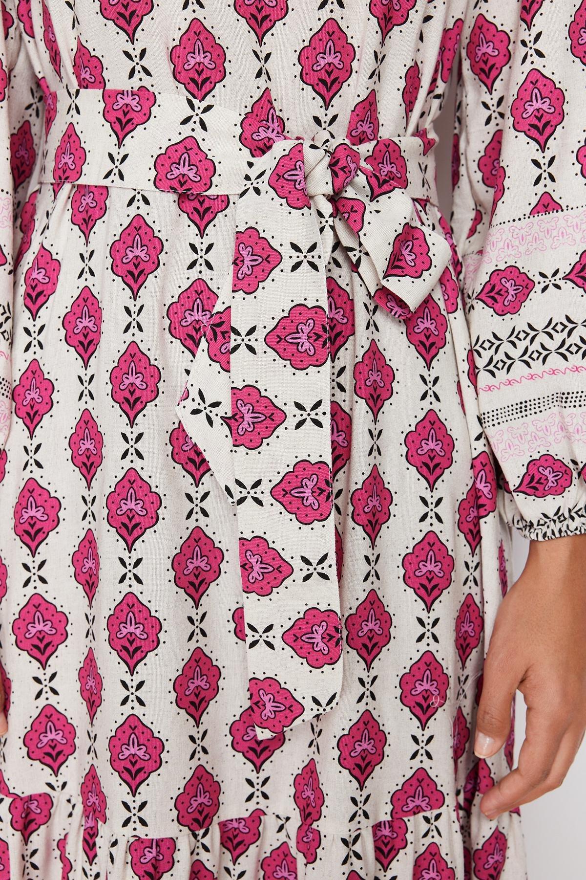 Fuchsia Ethnic Patterned Linen Look Woven Dress TCTSS24EB00062, , large image number 4