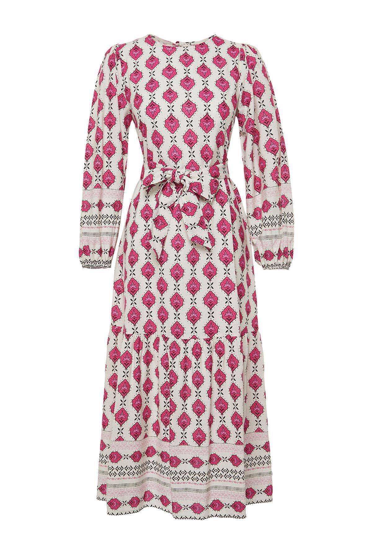 Fuchsia Ethnic Patterned Linen Look Woven Dress TCTSS24EB00062, , large image number 5