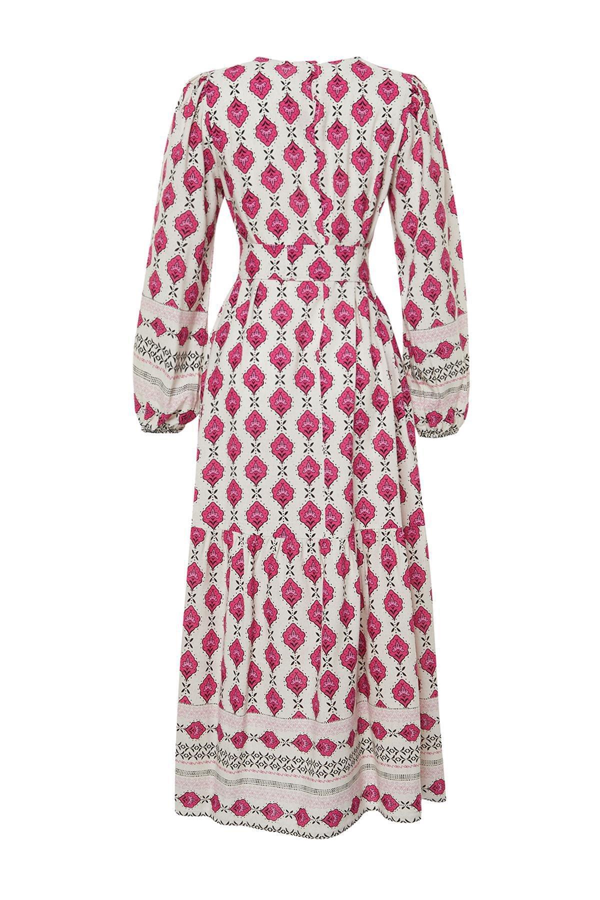 Fuchsia Ethnic Patterned Linen Look Woven Dress TCTSS24EB00062, , large image number 6