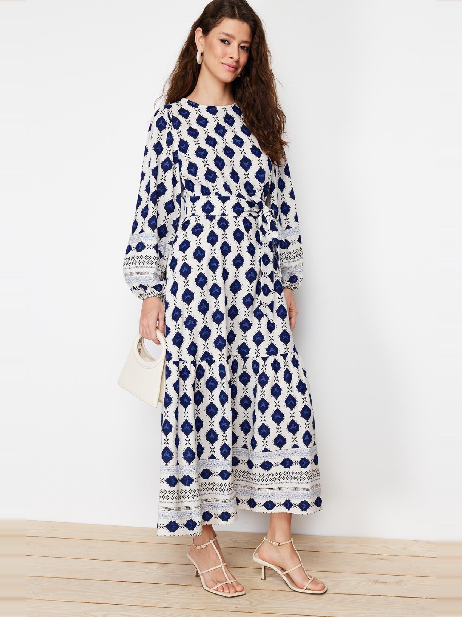 Navy Blue Ethnic Patterned Linen Look Woven Dress TCTSS24EB00062, , large image number 0