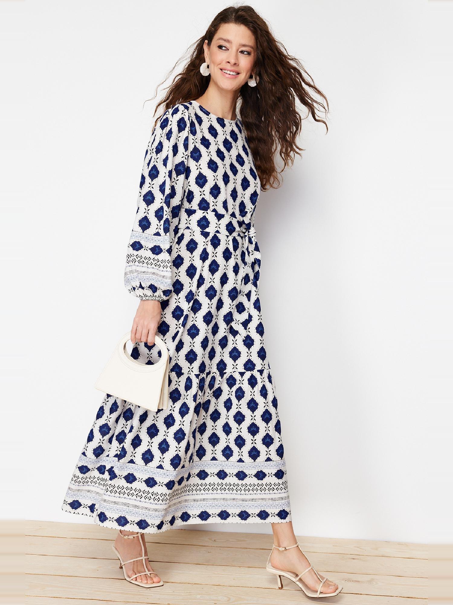 Navy Blue Ethnic Patterned Linen Look Woven Dress TCTSS24EB00062, , large image number 1