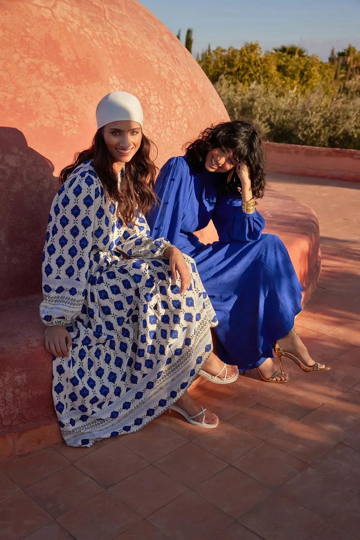 Blue Ethnic Linen Look Woven Dress, Navy blue, medium