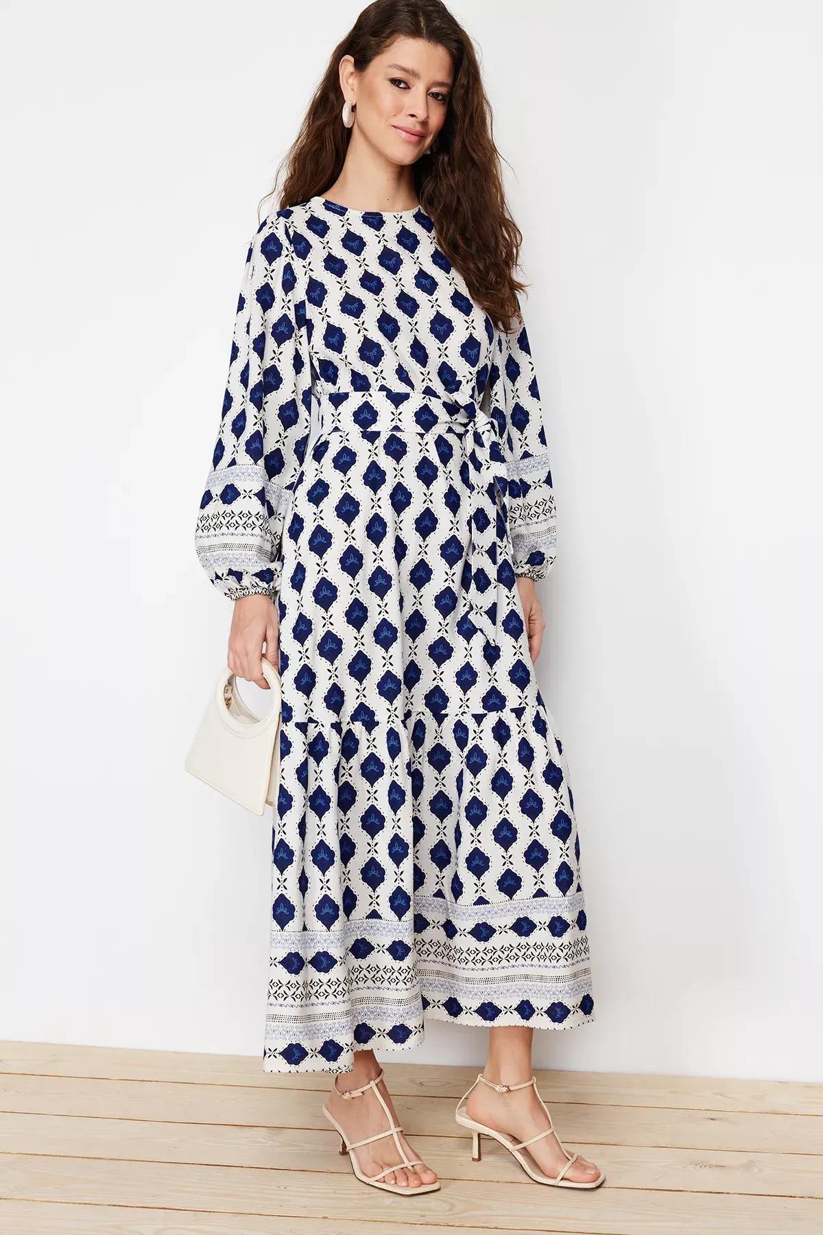 Blue Ethnic Linen Look Woven Dress, Navy blue, medium