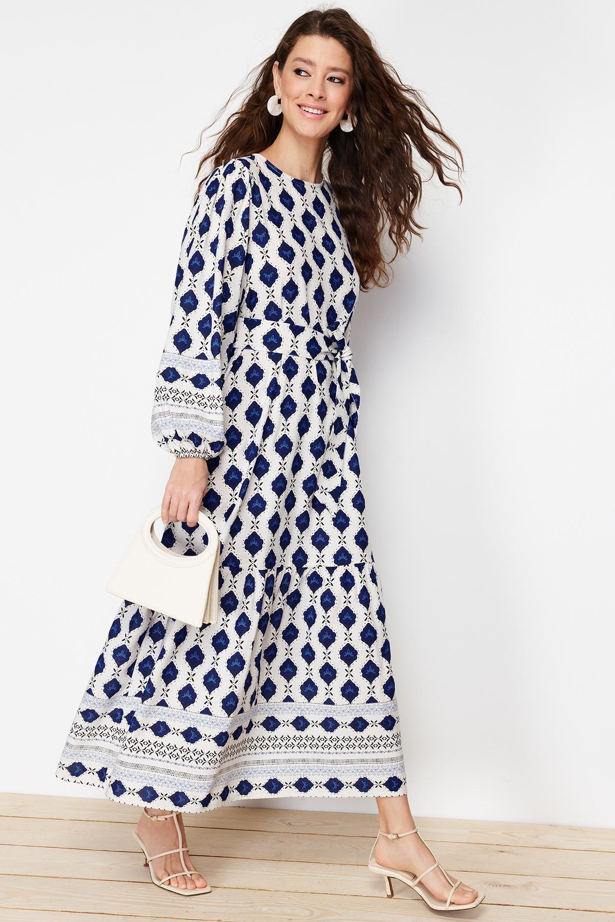 Navy Blue Ethnic Patterned Linen Look Woven Dress TCTSS24EB00062, , large image number 4
