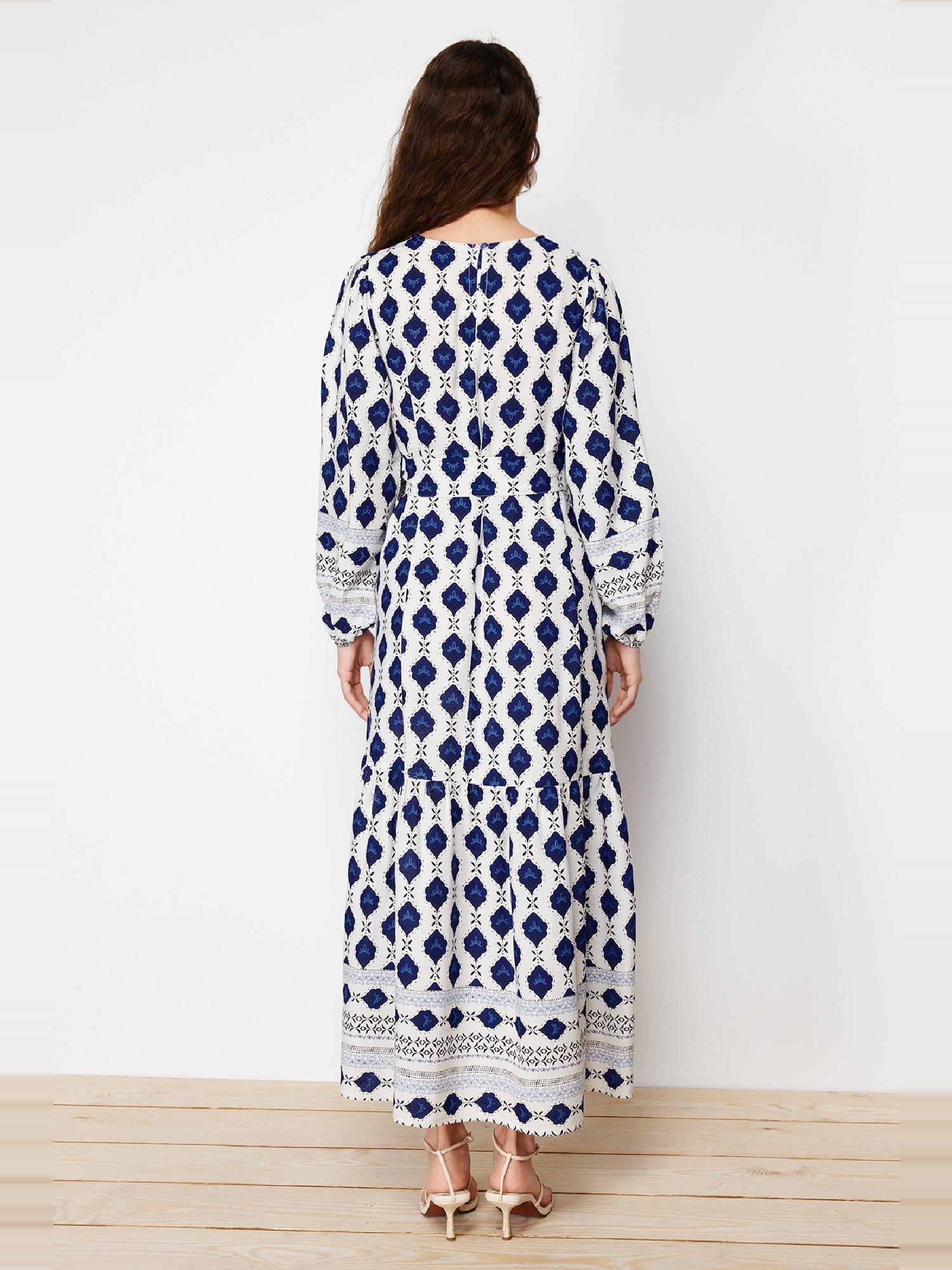 Navy Blue Ethnic Patterned Linen Look Woven Dress TCTSS24EB00062, , large image number 5