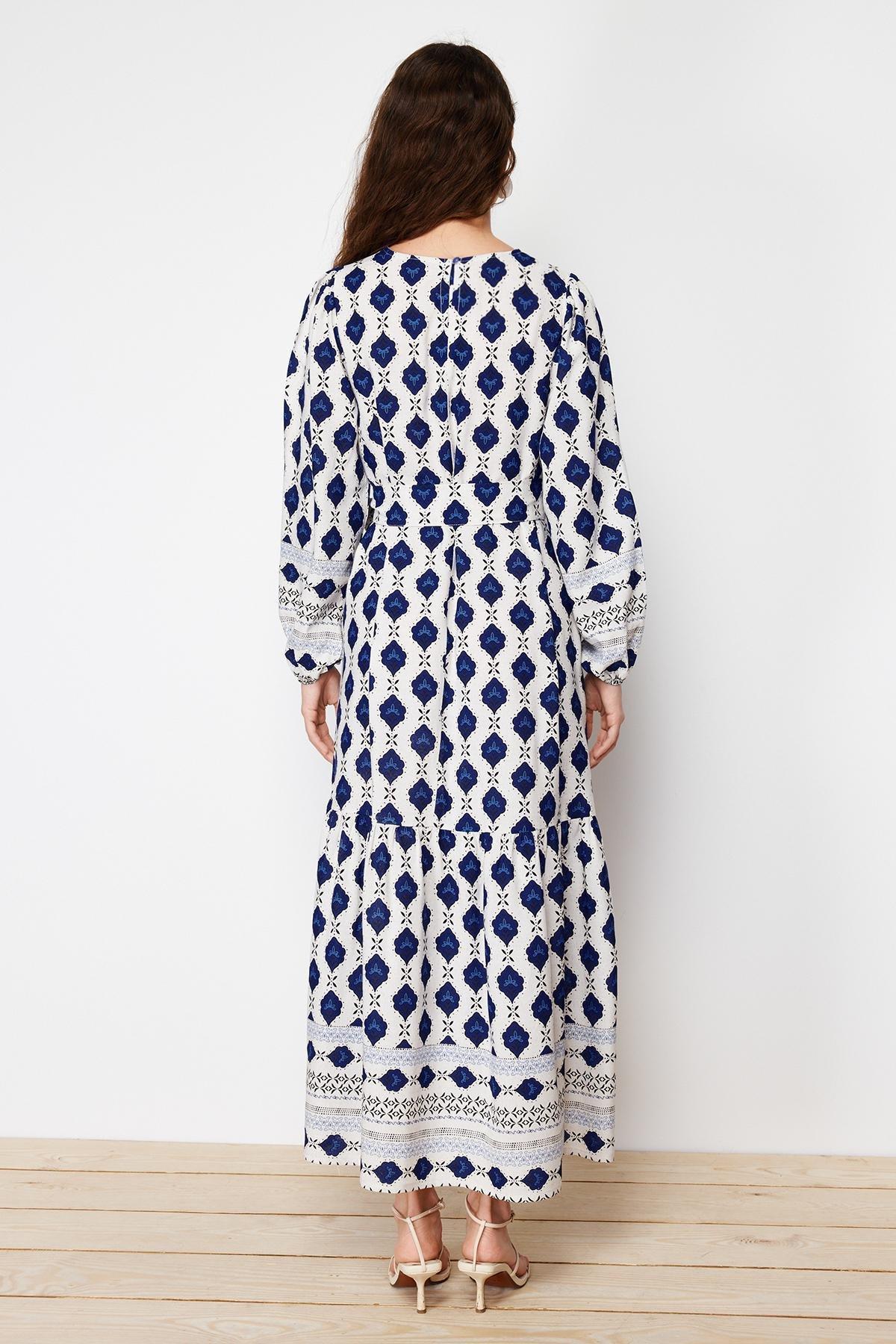 Navy Blue Ethnic Patterned Linen Look Woven Dress TCTSS24EB00062, , large image number 6