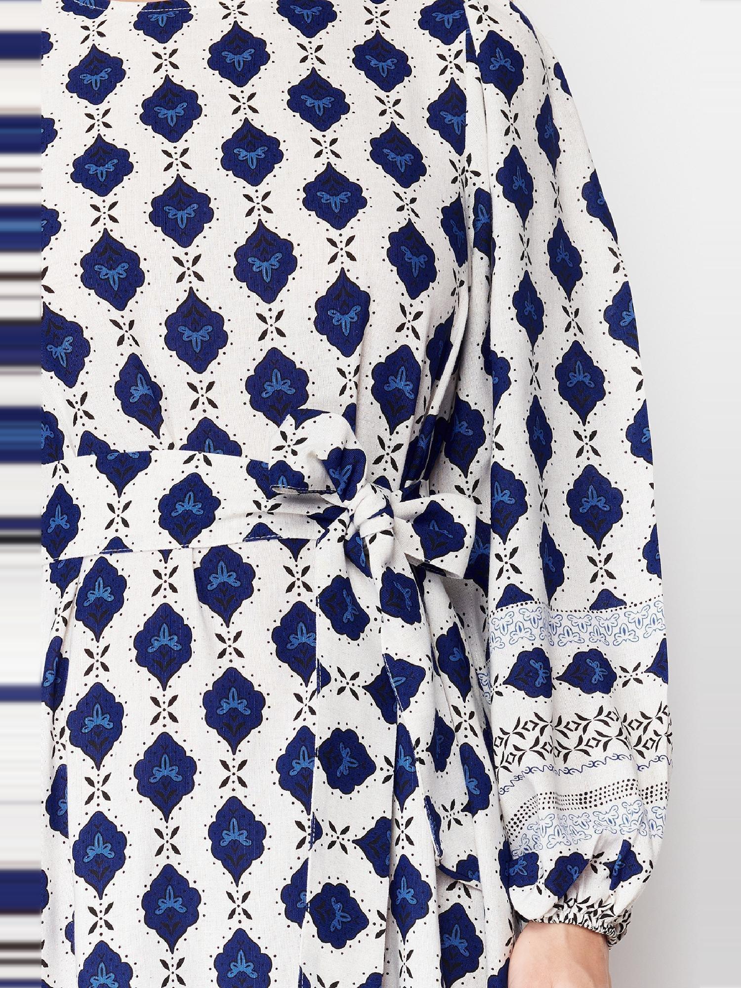 Navy Blue Ethnic Patterned Linen Look Woven Dress TCTSS24EB00062, , large image number 7