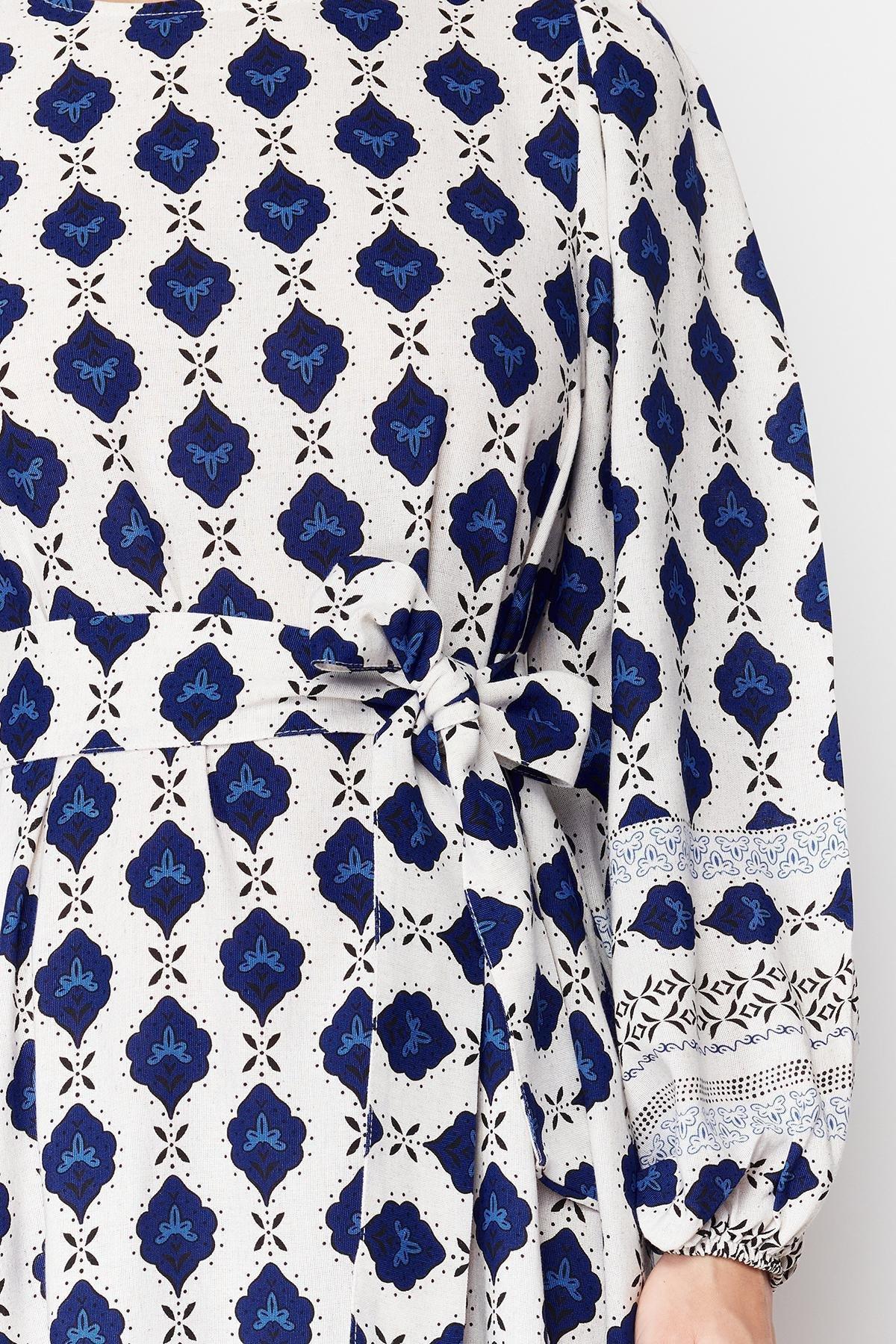 Navy Blue Ethnic Patterned Linen Look Woven Dress TCTSS24EB00062, , large image number 8