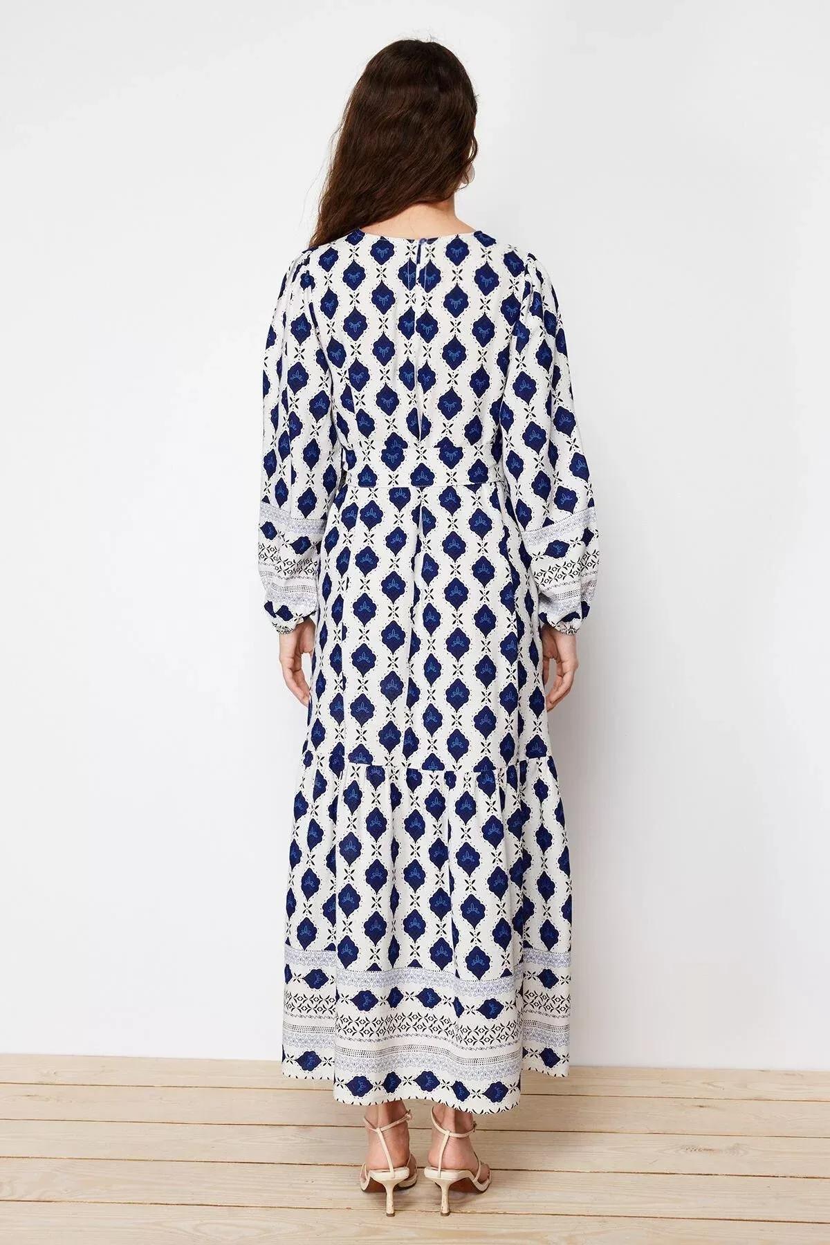 Blue Ethnic Linen Look Woven Dress, Navy blue, large image number 8