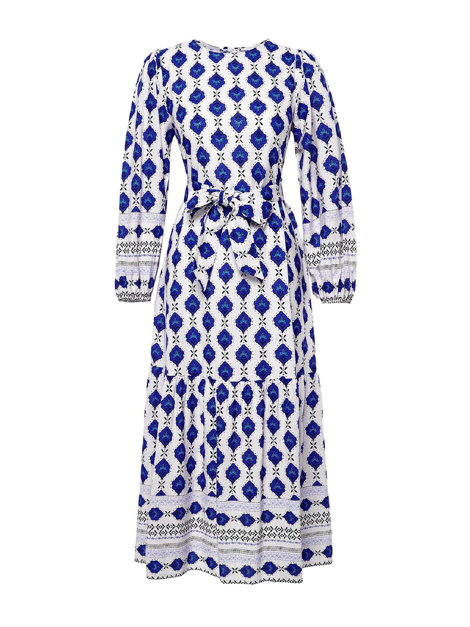 Navy Blue Ethnic Patterned Linen Look Woven Dress TCTSS24EB00062, , large image number 9
