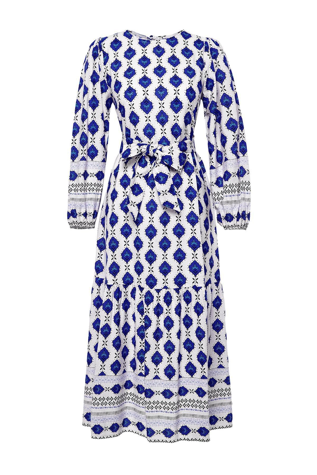 Navy Blue Ethnic Patterned Linen Look Woven Dress TCTSS24EB00062, , large image number 10