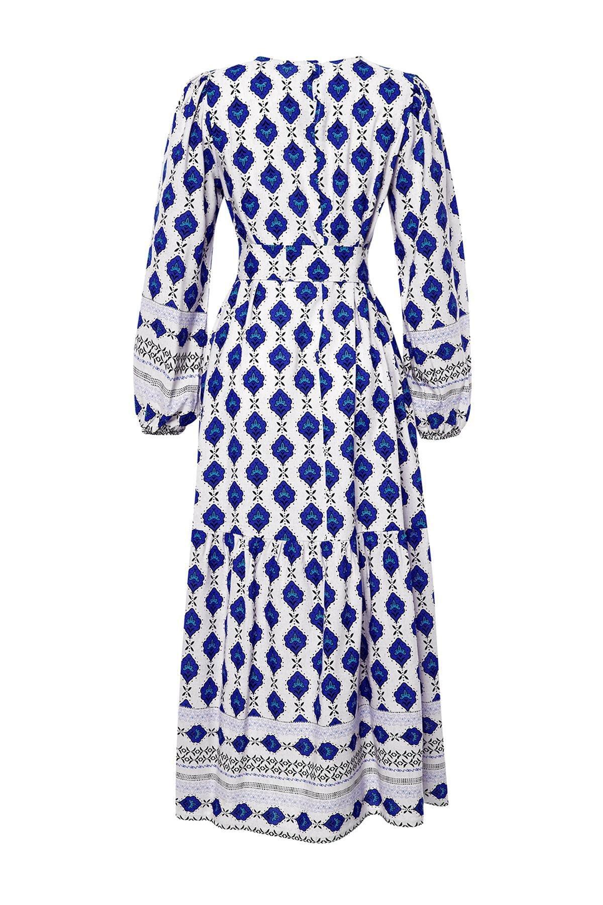 Navy Blue Ethnic Patterned Linen Look Woven Dress TCTSS24EB00062, , large image number 12