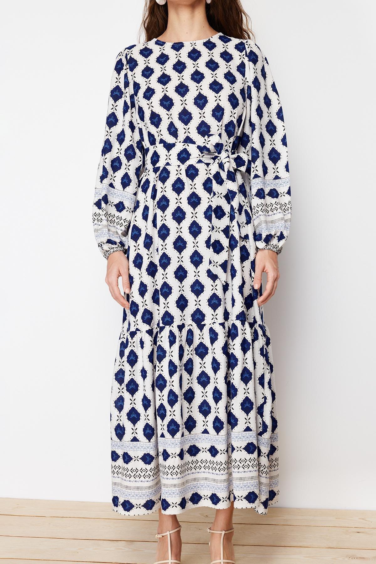 Navy Blue Ethnic Patterned Linen Look Woven Dress TCTSS24EB00062, , large image number 13