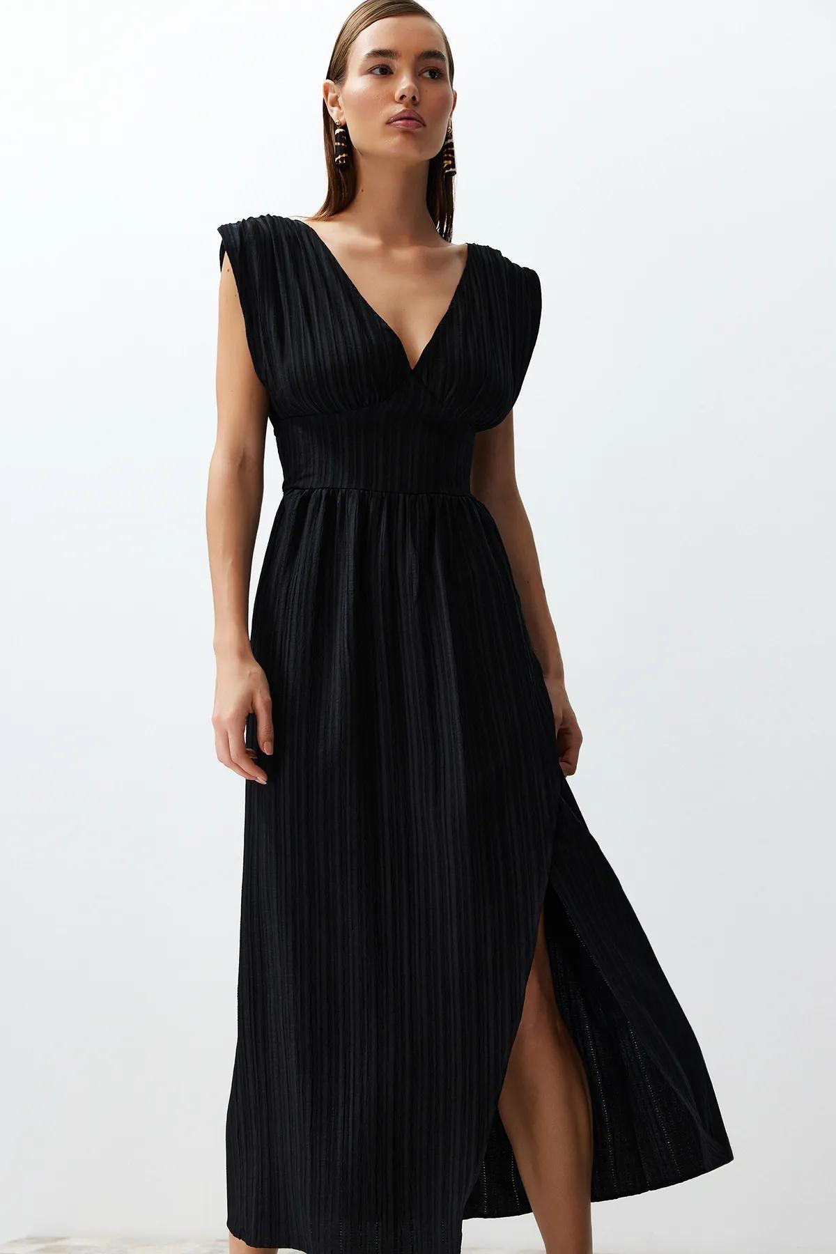 Black Maxi Woven Slit Beach Dress TBESS24EL00063, C101_2094, large image number 0