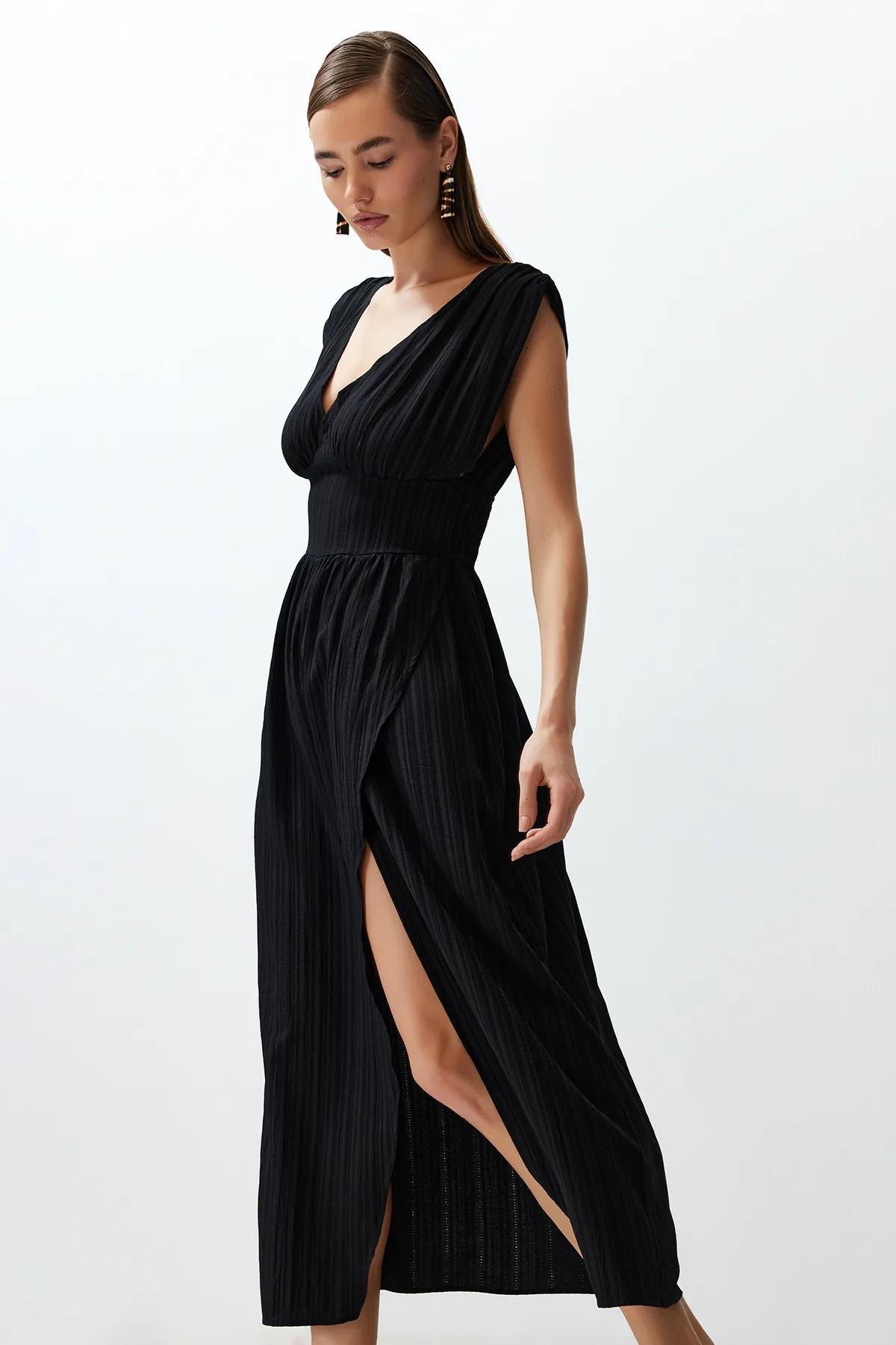 Black Maxi Woven Slit Beach Dress TBESS24EL00063, C101_2094, large image number 1