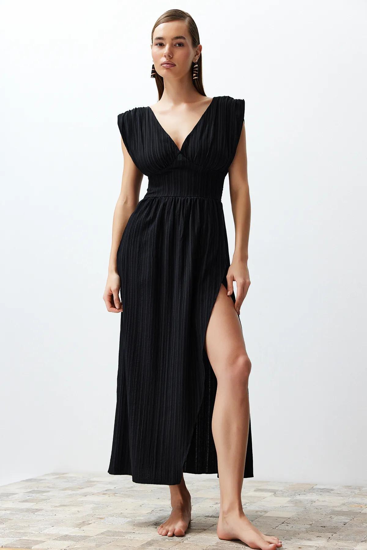 Black Maxi Woven Slit Beach Dress TBESS24EL00063, C101_2094, large image number 2