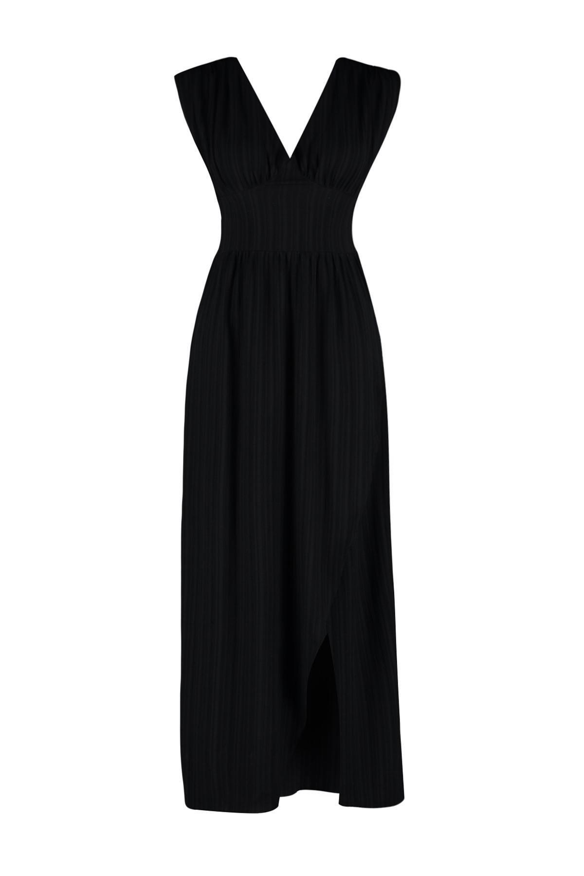 Black Maxi Woven Slit Beach Dress TBESS24EL00063, C101_2094, large image number 5