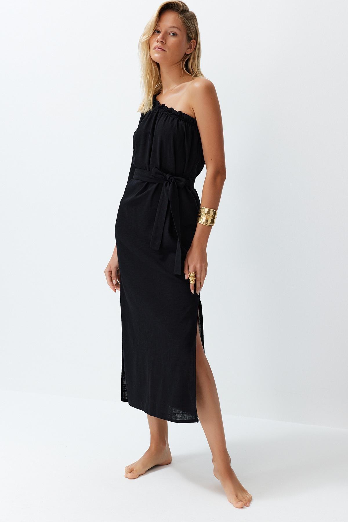 Black Belted Maxi Woven Linen Blend One Shoulder Beach Dress TBESS24EL00066, , large image number 0
