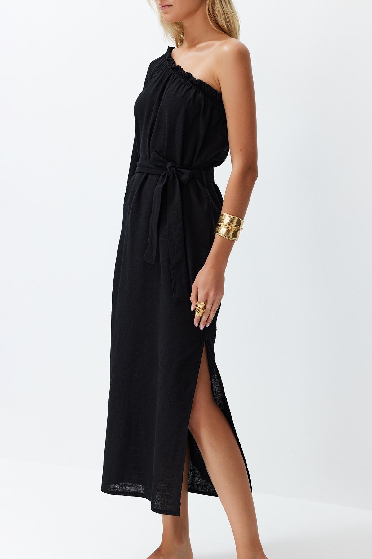 Black Belted Maxi Woven Linen Blend One Shoulder Beach Dress TBESS24EL00066, , large image number 1