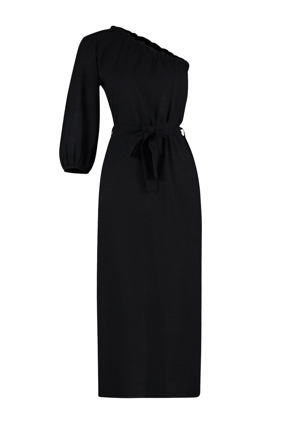 Black Belted Maxi Woven Linen Blend One Shoulder Beach Dress TBESS24EL00066, , large image number 3