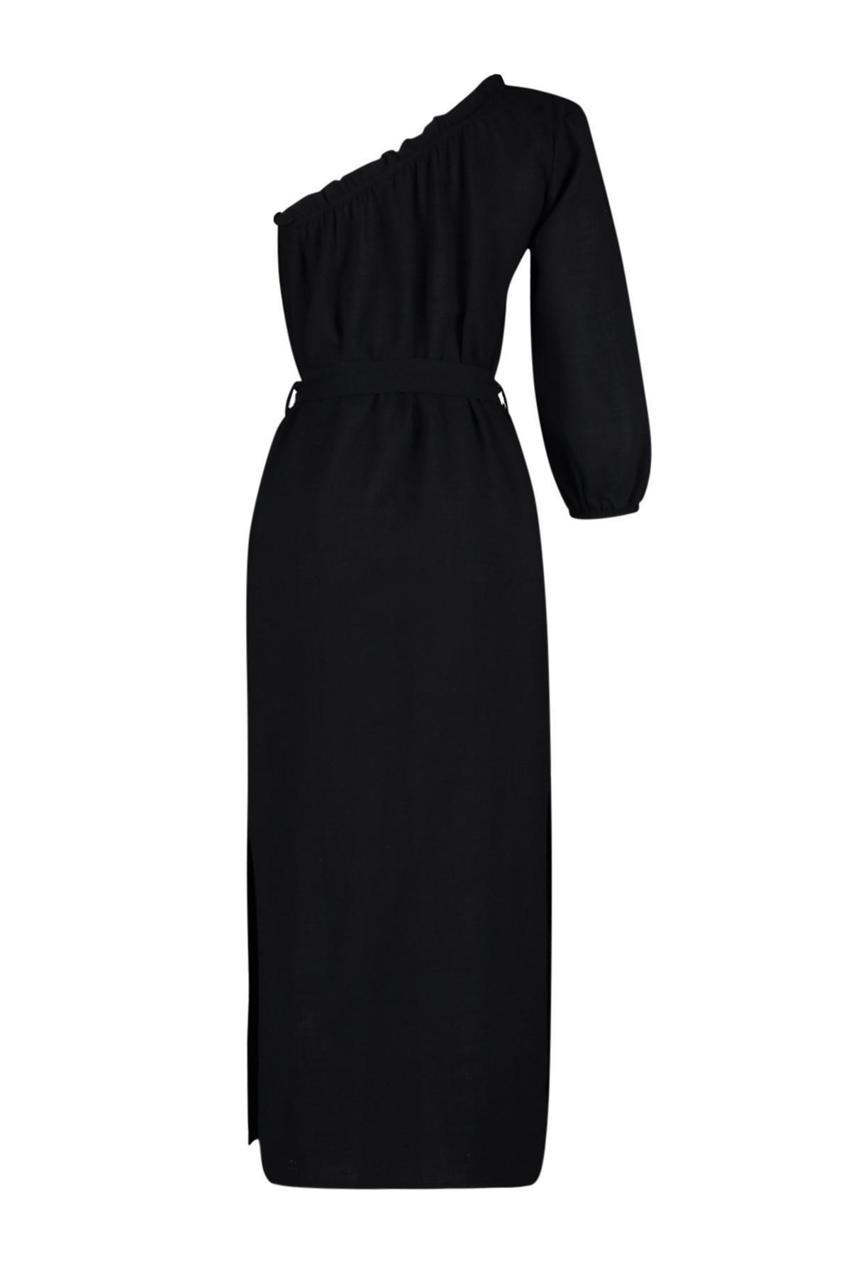 Black Belted Maxi Woven Linen Blend One Shoulder Beach Dress TBESS24EL00066, , large image number 4