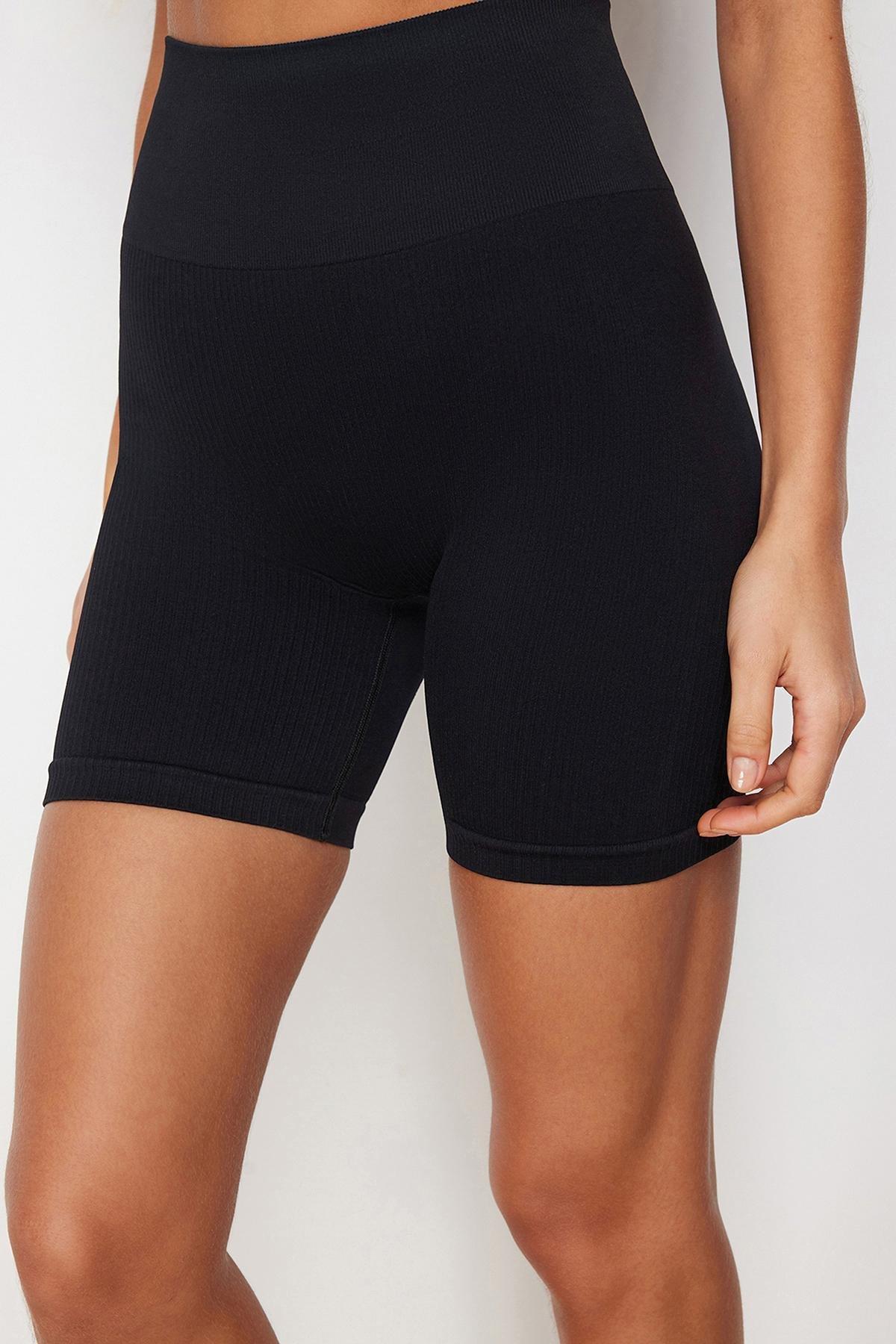 Black Seamless Push Up Gathered Short Tights, , large image number 2