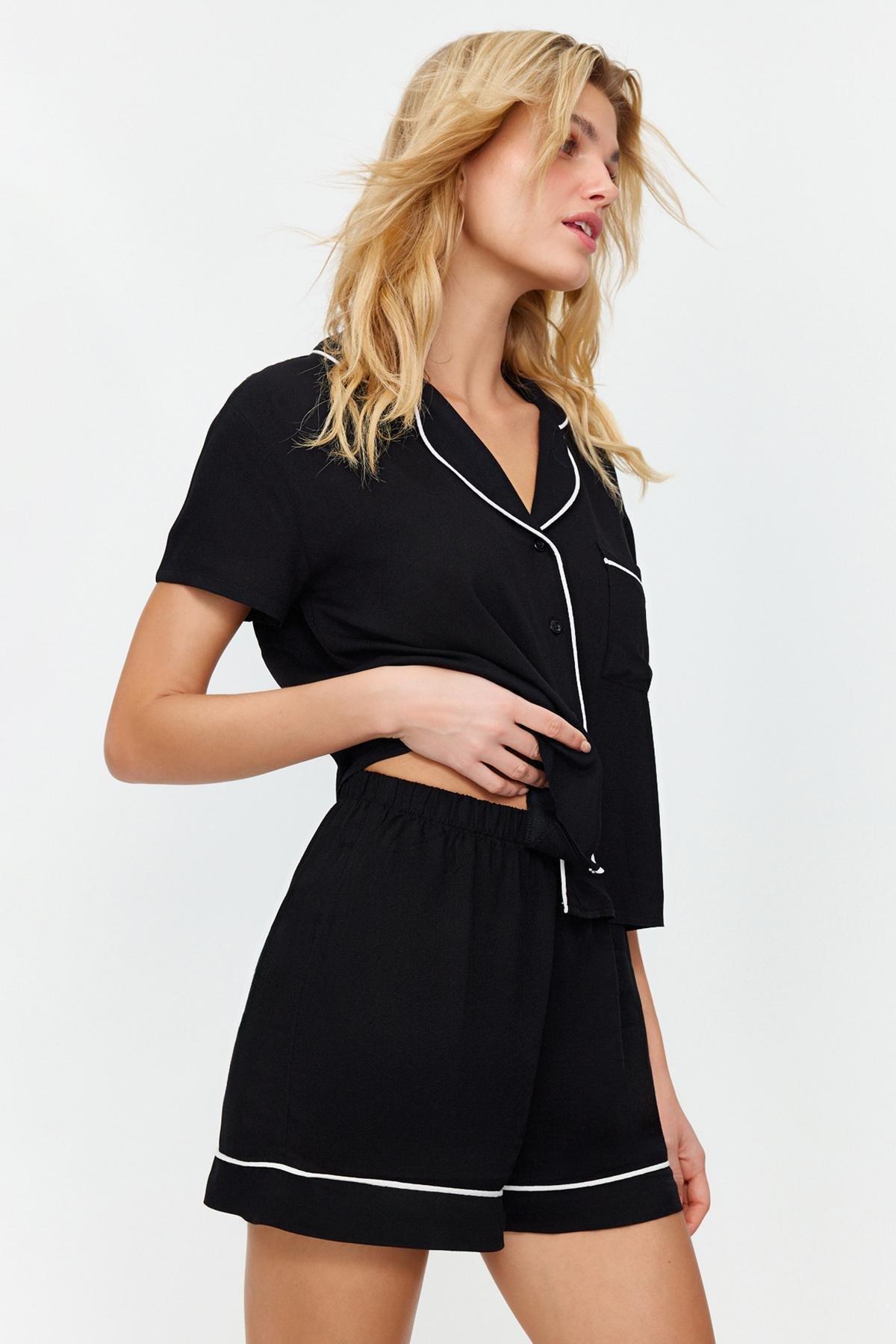 Black Piping Detailed Viscose Woven Pajama Set, , large image number 2