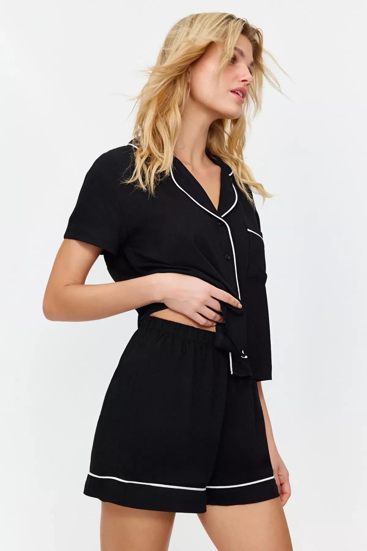 Black Piping Detailed Viscose Woven Pajama Set, BLACK, large image number 2