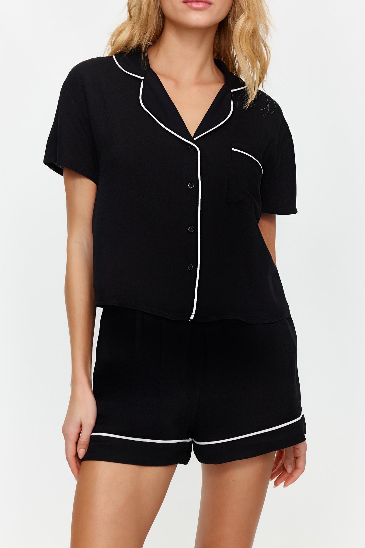 Black Piping Detailed Viscose Woven Pajama Set, , large image number 3