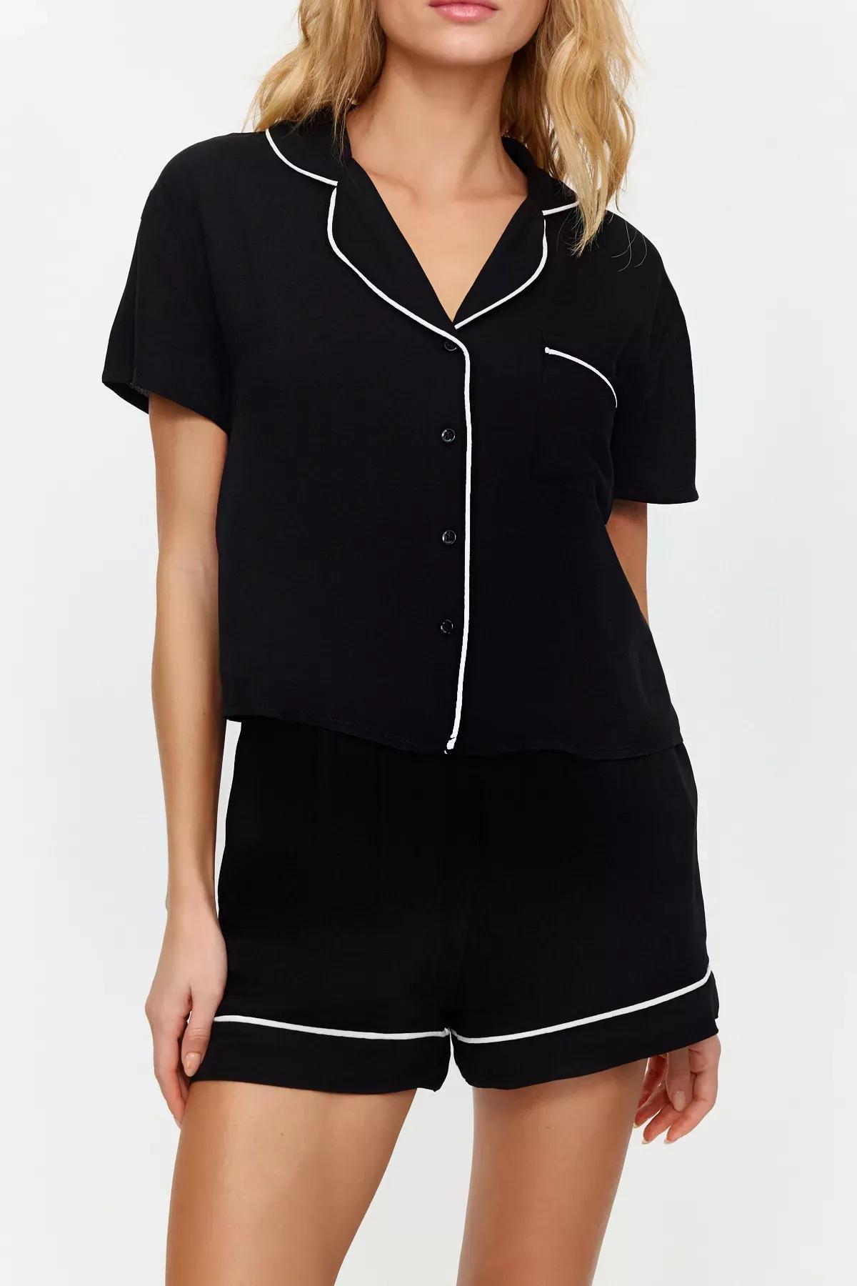 Black Piping Detailed Viscose Woven Pajama Set, BLACK, large image number 3