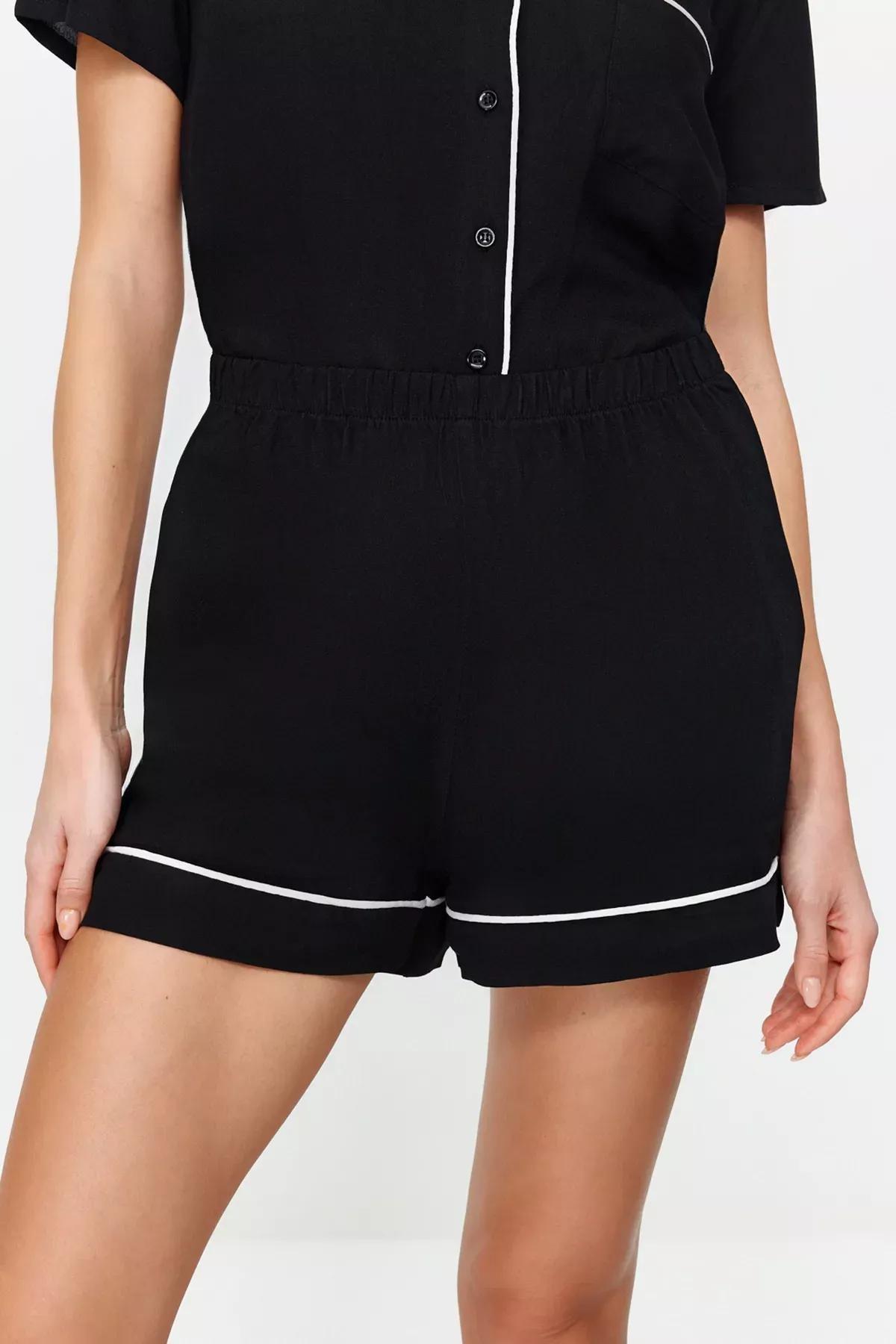 Black Piping Detailed Viscose Woven Pajama Set, BLACK, large image number 4