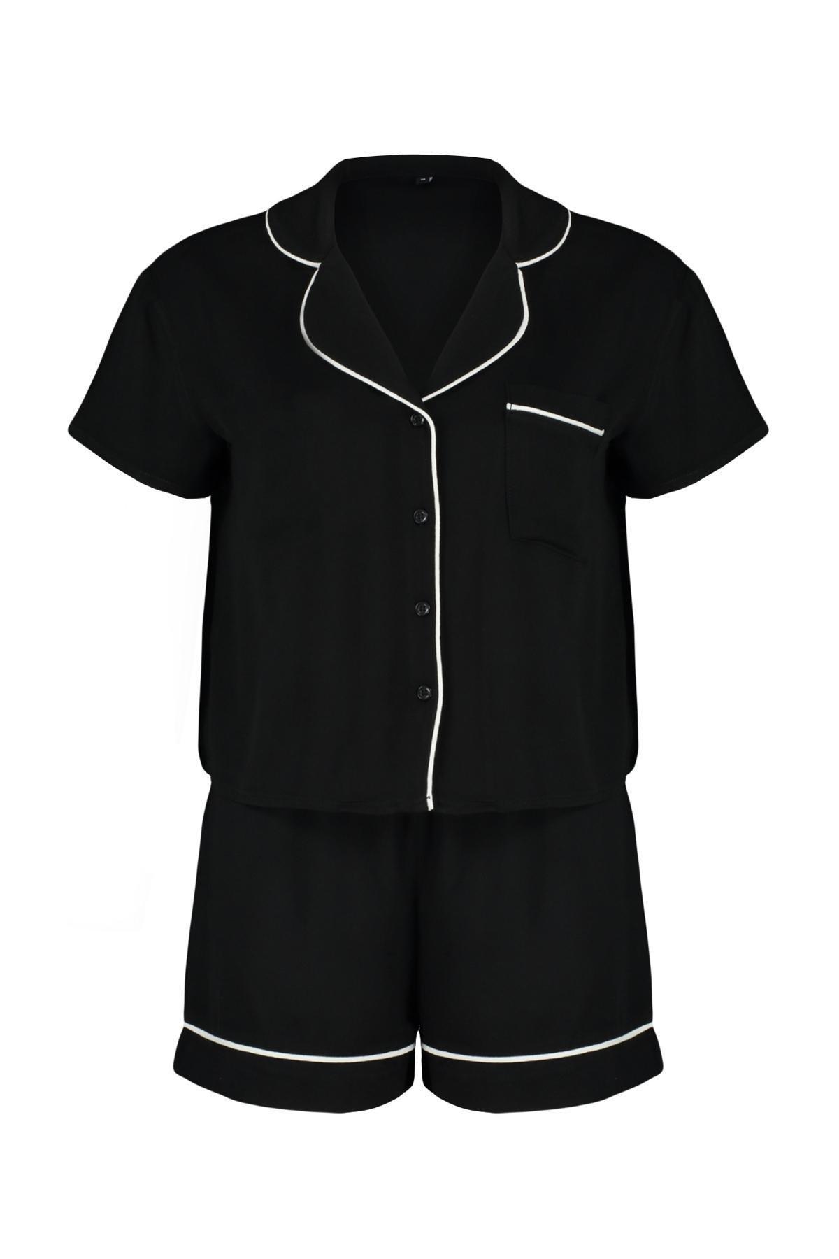 Black Piping Detailed Viscose Woven Pajama Set, , large image number 6