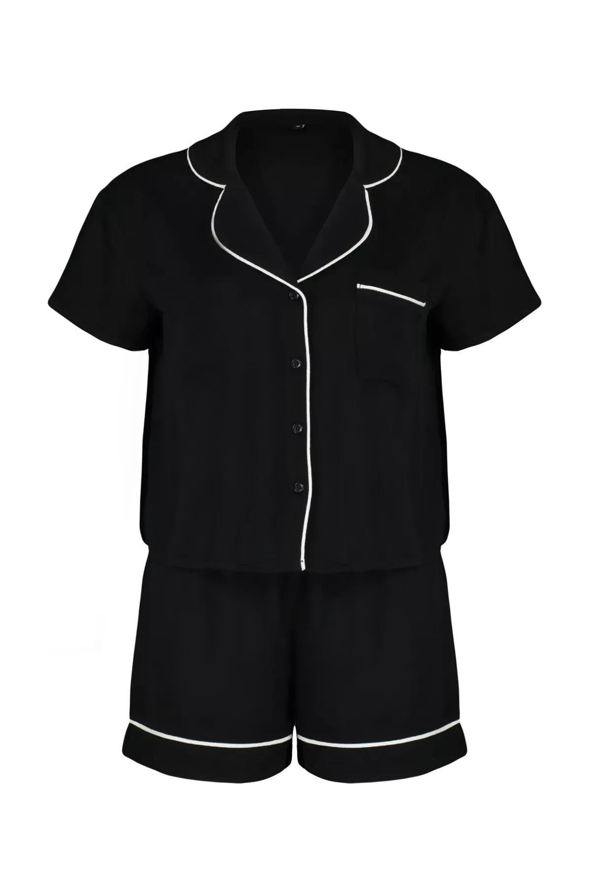 Black Piping Detailed Viscose Woven Pajama Set, BLACK, large image number 6