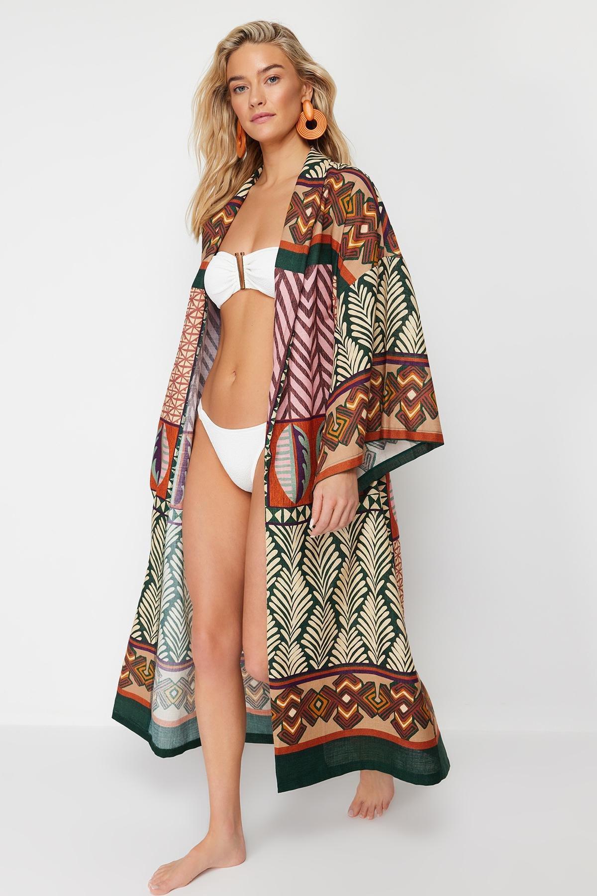 Multicolour Patterned Midi Woven Kimono, , large image number 0