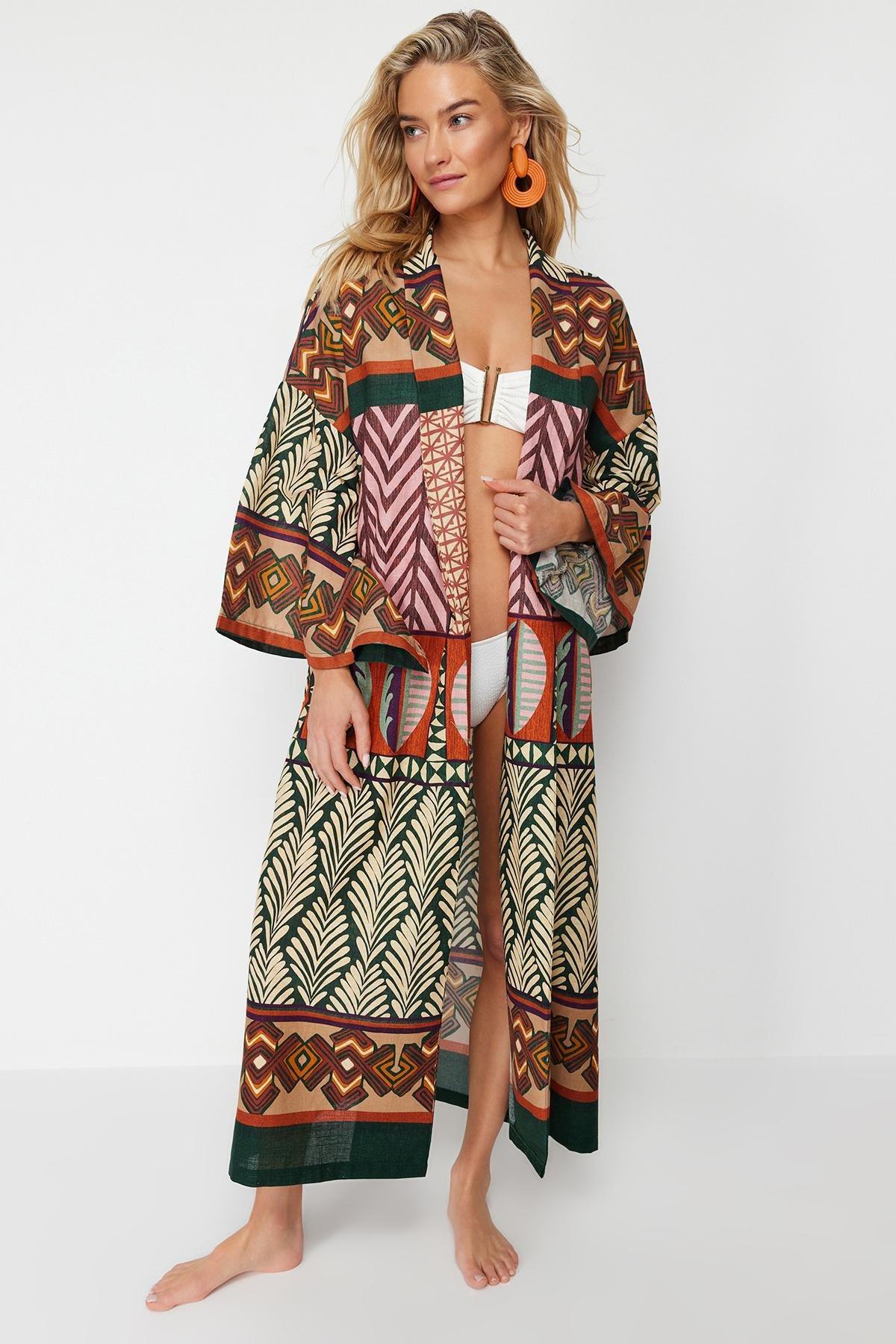 Multicolour Patterned Midi Woven Kimono, , large image number 1