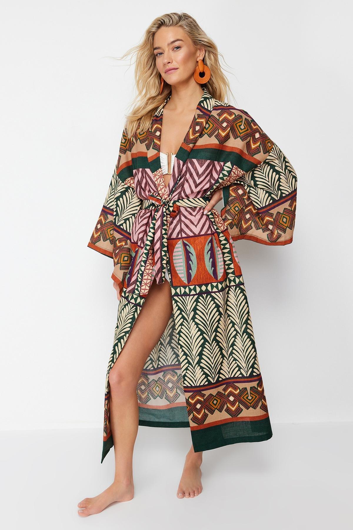 Multicolour Patterned Midi Woven Kimono, , large image number 2