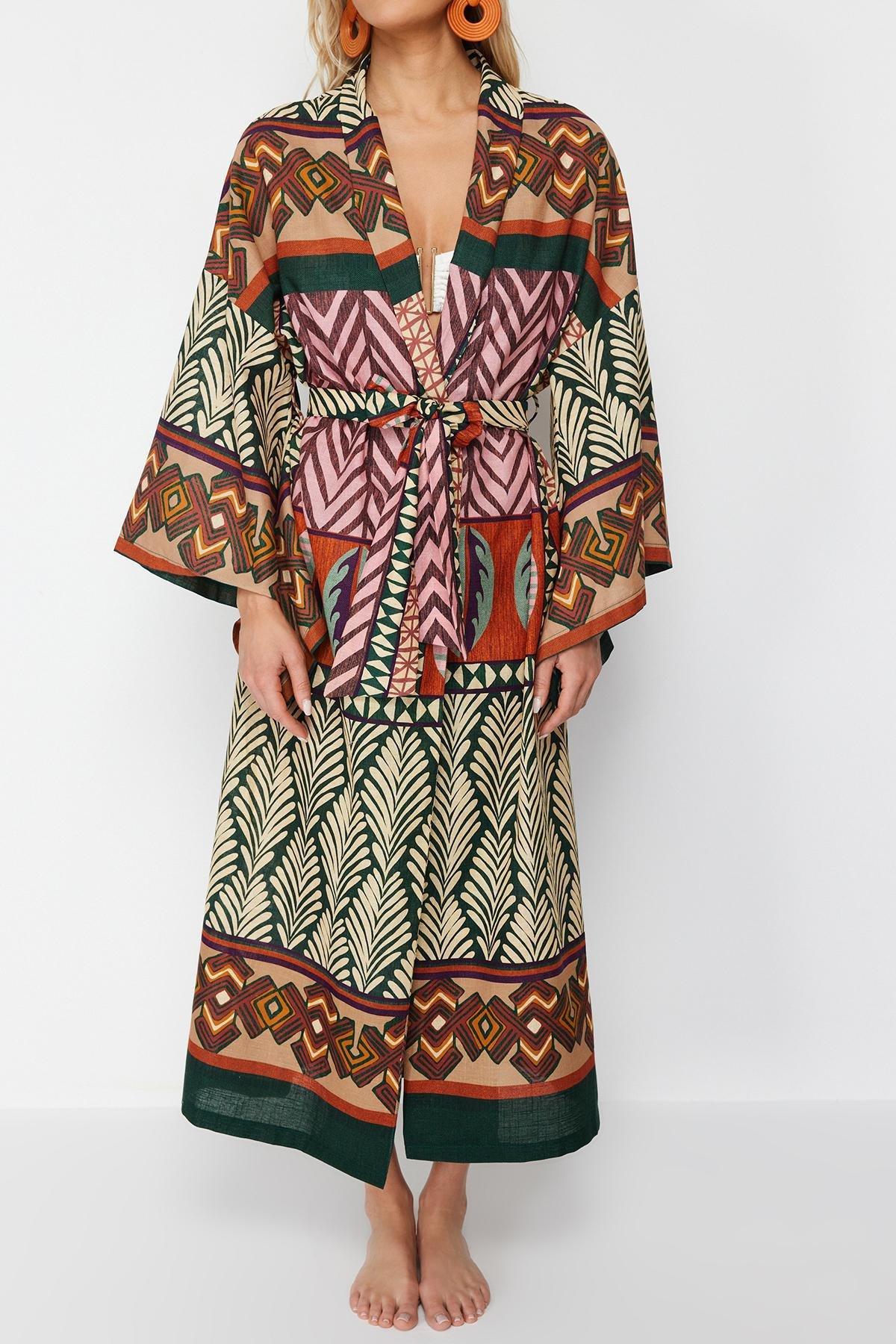 Multicolour Patterned Midi Woven Kimono, , large image number 3