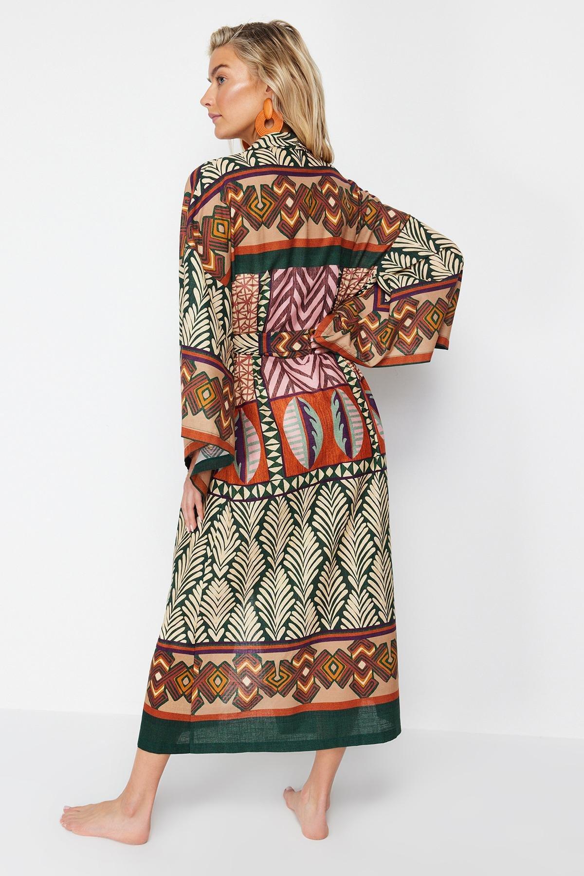 Multicolour Patterned Midi Woven Kimono, , large image number 4