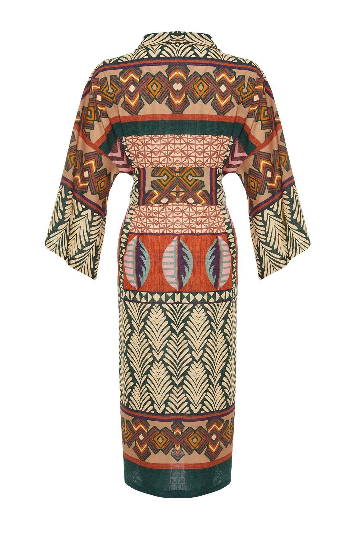 Multicolour Patterned Midi Woven Kimono, , large image number 6