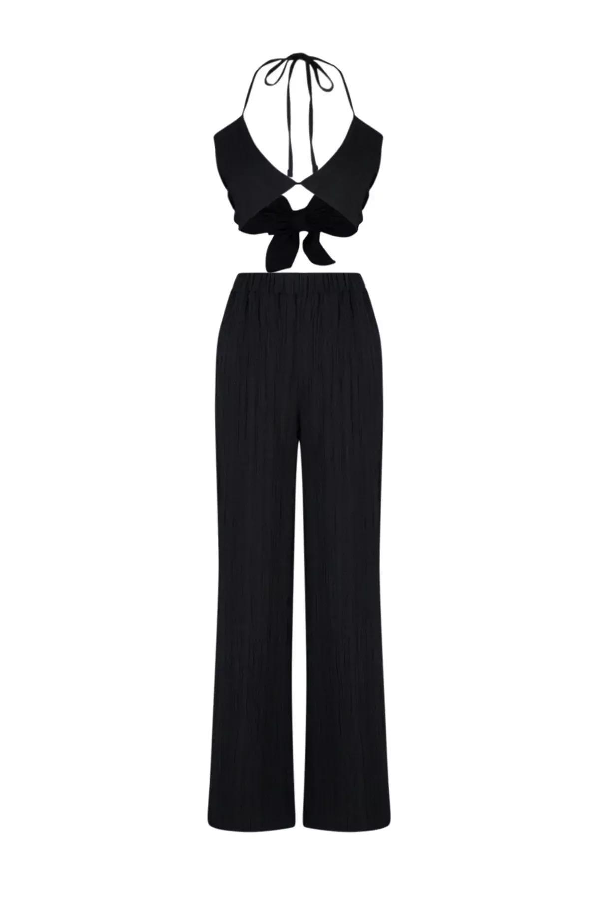 Black Woven Linen Blend Co-Ord Set, C101_2094, large image number 5