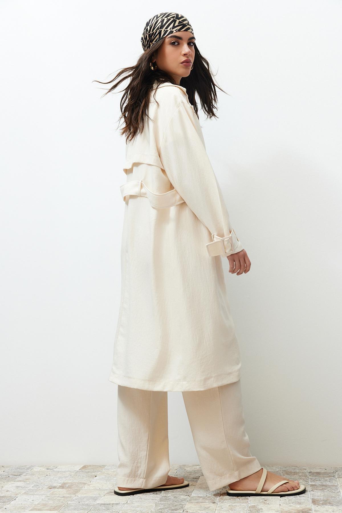 طقم متناسق من كيمونو بتصميم معطف ترنش، بيج, STONE, large image number 0