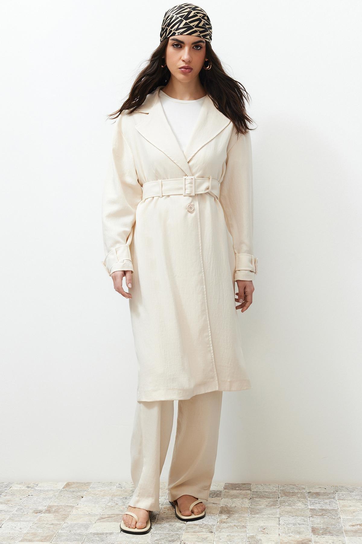 طقم متناسق من كيمونو بتصميم معطف ترنش، بيج, STONE, large image number 2