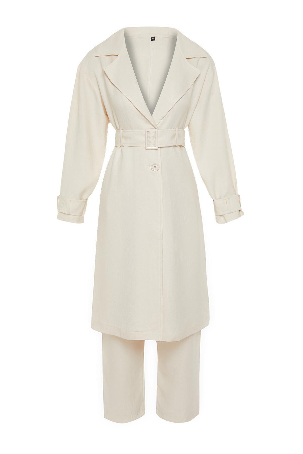 طقم متناسق من كيمونو بتصميم معطف ترنش، بيج, STONE, large image number 5