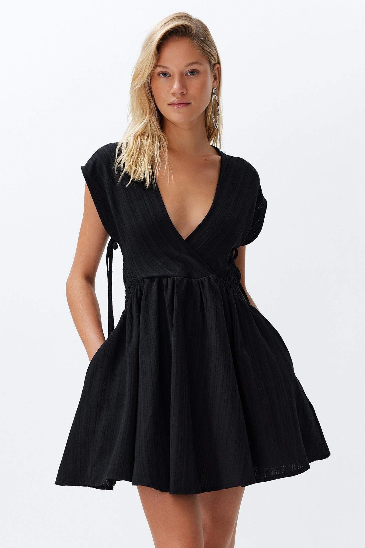 Black Mini Woven Cut Out Beach Dress, , large image number 0