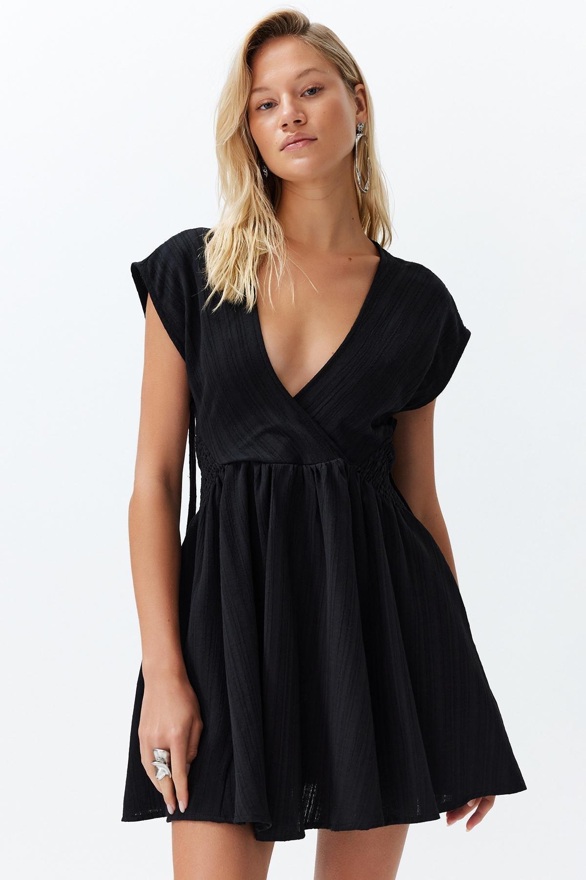 Black Mini Woven Cut Out Beach Dress, , large image number 2