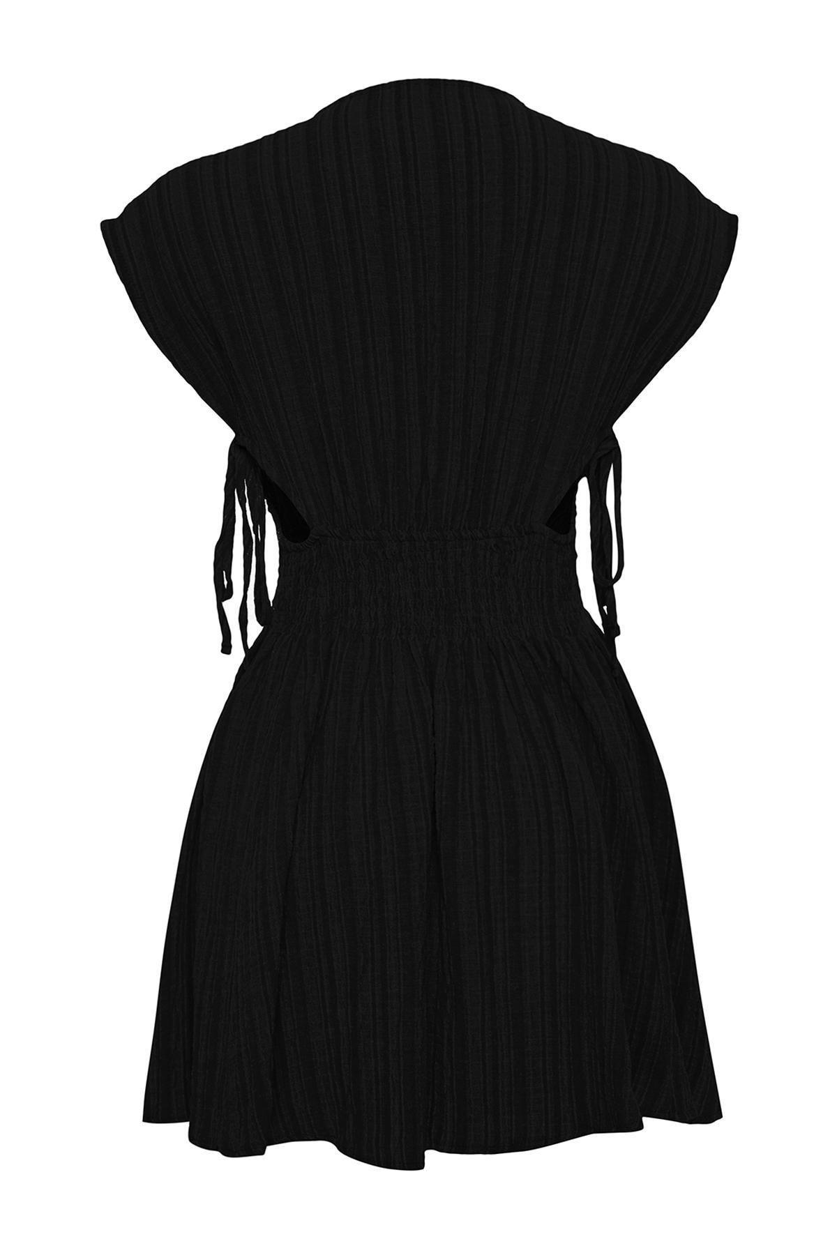 Black Mini Woven Cut Out Beach Dress, , large image number 3