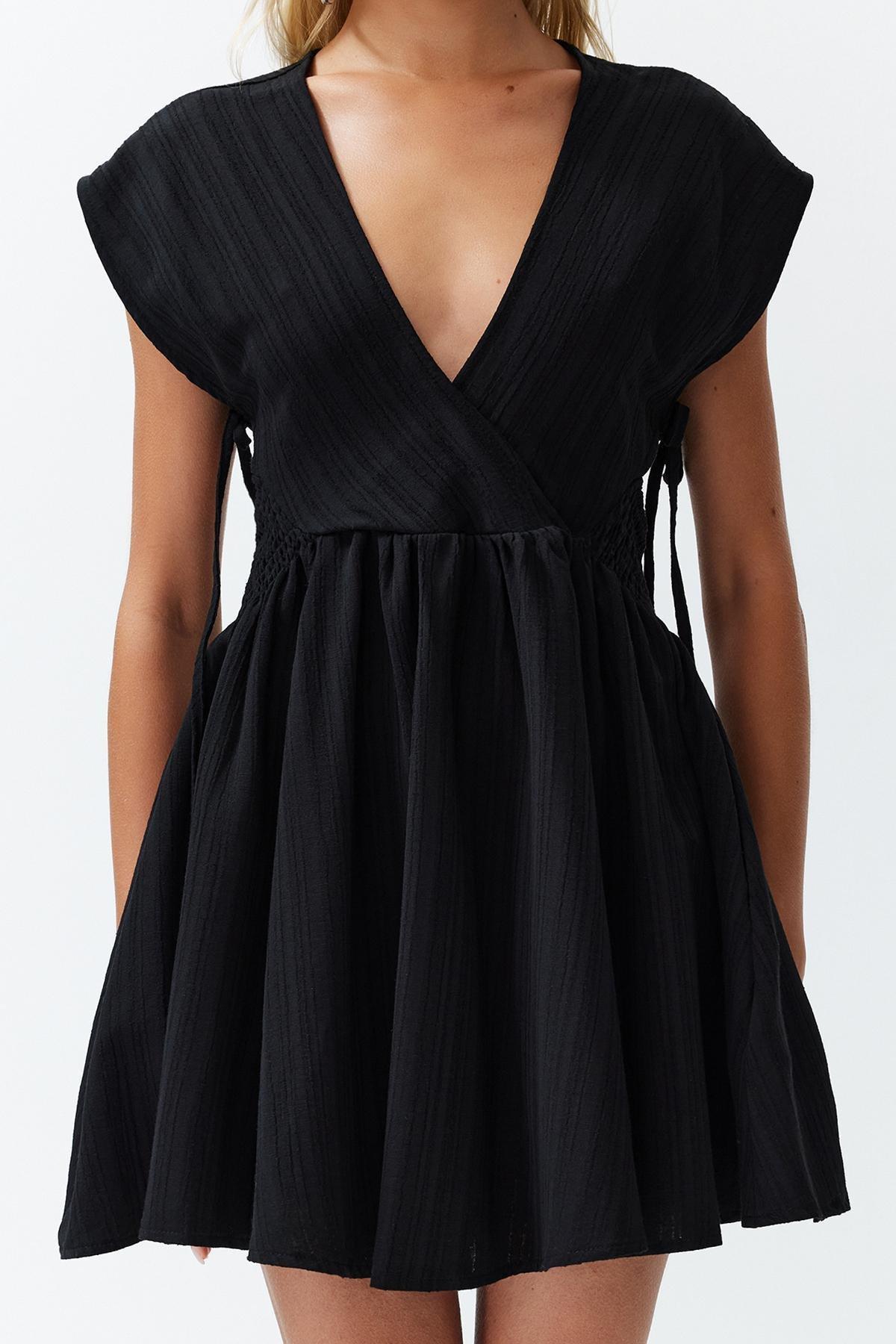 Black Mini Woven Cut Out Beach Dress, , large image number 5